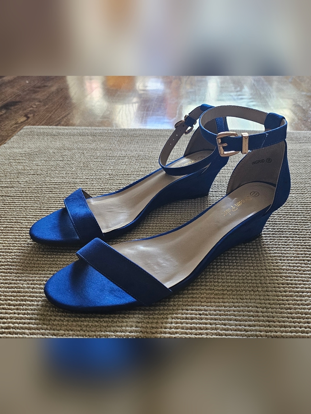 Dream Pairs Blue Satin Ankle Strap Wedge Sandals
